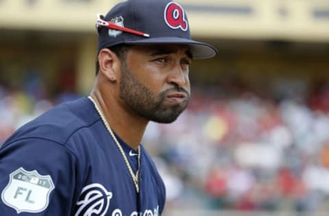 Mar 8, 2017; Lake Buena Vista, FL, USA; Atlanta Braves left fielder Matt Kemp (27) looks on during the fourth inning against the Philadelphia Phillies at Champion Stadium. Mandatory Credit: Kim Klement-USA TODAY Sports