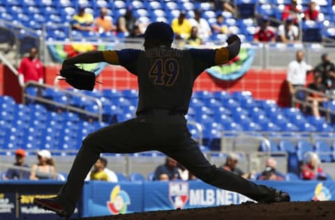 Mar 11, 2017; Miami, FL, USA; Colombia pitcher Julio Teheran (49) throws a pitch in the second inning against Canada during the 2017 World Baseball Classic at Marlins Park. Mandatory Credit: Logan Bowles-USA TODAY Sports