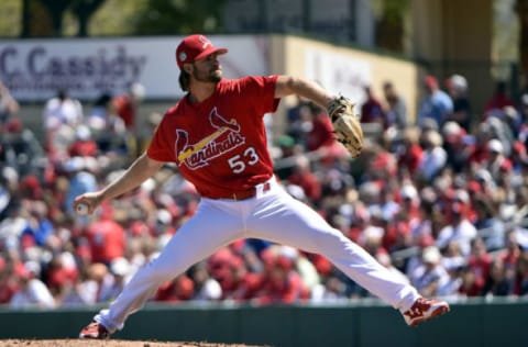 Mar 16, 2017; Jupiter, FL, USA; St. Louis Cardinals relief pitcher John Gant (53) delivers a pitch against the Minnesota Twins during a spring training game at Roger Dean Stadium. Mandatory Credit: Steve Mitchell-USA TODAY Sports