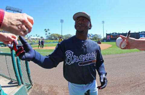 Mar 16, 2017; Lake Buena Vista, FL, USA; Atlanta Braves shortstop Ozzie Albies (74) against the Detroit Tigers at Champion Stadium. The Tigers won 5-3. Mandatory Credit: Aaron Doster-USA TODAY Sports