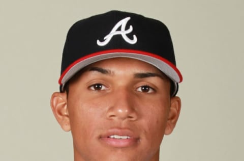 Mar 2, 2015; Lake Buena Vista, FL, USA; Atlanta Braves shortstop Johan Camargo (76) pose for photo day at Wide World of Sports. Mandatory Credit: Kim Klement-USA TODAY Sports