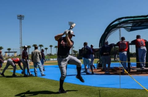 Mar 30, 2015; Lakeland, FL, USA; Atlanta Braves third baseman Chris Johnson (23) prepares to hit in the batting cage before the start of the spring training game against the Detroit Tigers at Joker Marchant Stadium. Mandatory Credit: Jonathan Dyer-USA TODAY Sports