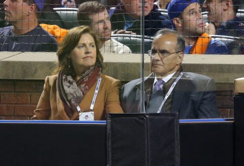 Nov 1, 2015; New York City, NY, USA; MLB chief baseball officer Joe Torre (right) in attendance in game five of the World Series between the Kansas City Royals and the New York Mets at Citi Field. Mandatory Credit: Brad Penner-USA TODAY Sports