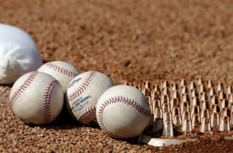 Feb 19, 2016; Kissimmee, FL, USA; A stack of baseballs sit on the pitching mound at Osceola County Stadium. Mandatory Credit: Jonathan Dyer-USA TODAY Sports