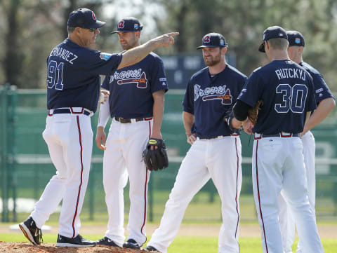 Feb 22, 2016; Lake Buena Vista, FL, USA; Atlanta Braves pitchers talk on the mound during spring training workouts at ESPN’s Wide World of Sports. Mandatory Credit: Reinhold Matay-USA TODAY Sports