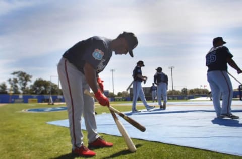 Mar 7, 2016; Dunedin, FL, USA; Atlanta Braves shortstop Ozzie Albies (87) works out prior to the game against the Toronto Blue Jays at Florida Auto Exchange Park. Mandatory Credit: Kim Klement-USA TODAY Sports