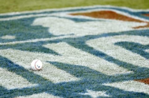 Apr 6, 2016; Atlanta, GA, USA; A baseball is shown on the Major League logo before the Atlanta Braves host the Washington Nationals at Turner Field. Mandatory Credit: Jason Getz-USA TODAY Sports