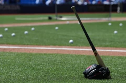 Jun 22, 2016; Toronto, Ontario, CAN; A bat rests inside a baseball glove at an MLB game between the Toronto Blue Jays and the Arizona Diamondbacks at Rogers Centre. Mandatory Credit: Kevin Sousa-USA TODAY Sports