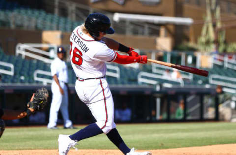 Nov 2, 2016; Scottsdale, AZ, USA; Salt River Rafters outfielder Dustin Peterson of the Atlanta Braves against the Scottsdale Scorpions during an Arizona Fall League game at Salt River Fields at Talking Stick. Mandatory Credit: Mark J. Rebilas-USA TODAY Sports