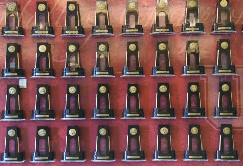 Nov 25, 2016; Los Angeles, CA, USA; General overall view of NCAA Championship trophies won by the Southern California Trojans on display during a NCAA basketball game between the SMU Mustangs and the Southern California Trojans at Galen Center. Mandatory Credit: Kirby Lee-USA TODAY Sports