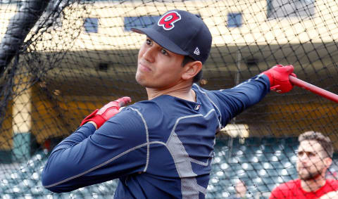 Feb 15, 2017; Lake Buena Vista, FL, USA; Atlanta Braves third baseman Rio Ruiz (14) hits batting practice during MLB spring training workouts at Champion Stadium. Mandatory Credit: Reinhold Matay-USA TODAY Sports