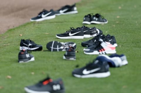 Feb 15, 2017; Lake Buena Vista, FL, USA; Atlanta Braves shoes sit on the field during MLB spring training workouts at Champion Stadium. Mandatory Credit: Reinhold Matay-USA TODAY Sports