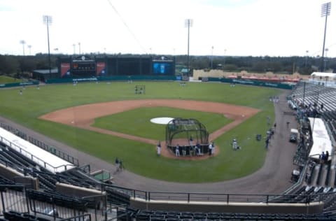 Feb 15, 2017; Lake Buena Vista, FL, USA; A wide view of the field from the press box during Atlanta Braves MLB spring training workouts at Champion Stadium. Mandatory Credit: Reinhold Matay-USA TODAY Sports