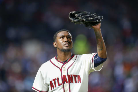 Jun 25, 2016; Atlanta, GA, USA; Atlanta Braves starting pitcher Julio Teheran (49) reacts after a strikeout against the New York Mets to end the eight inning at Turner Field. Mandatory Credit: Brett Davis-USA TODAY Sports