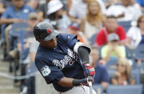 Mar 12, 2017; Tampa, FL, USA; Atlanta Braves center fielder Ronald Acuna (89) singles during the fourth inning against the New York Yankees at George M. Steinbrenner Field. Mandatory Credit: Kim Klement-USA TODAY Sports