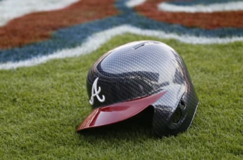 Apr 14, 2017; Atlanta, GA, USA; General view of batting helmet prior to the first MLB game at SunTrust Park between the Atlanta Braves and the San Diego Padres. Mandatory Credit: Brett Davis-USA TODAY Sports