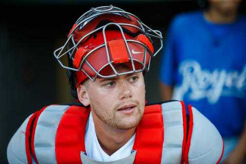 Nov 5, 2016; Surprise, AZ, USA; West catcher Carson Kelly of the St Louis Cardinals during the Arizona Fall League Fall Stars game at Surprise Stadium. Mandatory Credit: Mark J. Rebilas-USA TODAY Sports