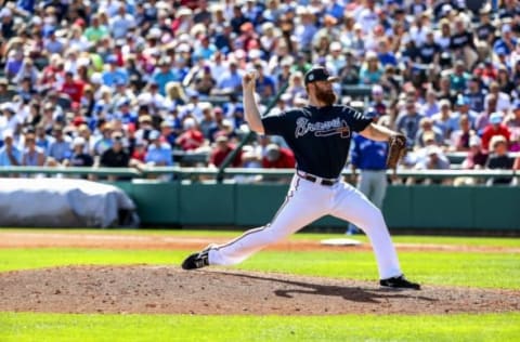 Feb 25, 2017; Lake Buena Vista, FL, USA; Atlanta Braves relief pitcher Blaine Boyer (48) throws a ball in the fifth inning against the Toronto Blue Jays at Champion Stadium. Mandatory Credit: Logan Bowles-USA TODAY Sports