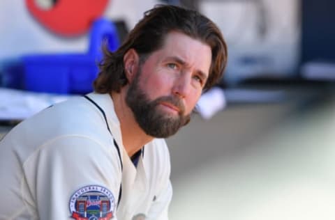 May 7, 2017; Atlanta, GA, USA; Atlanta Braves starting pitcher R.A. Dickey (19) shown in the dugout after being removed from the game against the St. Louis Cardinals during the sixth inning at SunTrust Park. Mandatory Credit: Dale Zanine-USA TODAY Sports