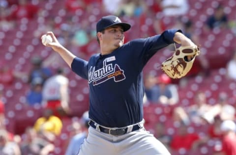 Jun 4, 2017; Cincinnati, OH, USA; Atlanta Braves relief pitcher Luke Jackson throws against the Cincinnati Reds during the ninth inning at Great American Ball Park. Mandatory Credit: David Kohl-USA TODAY Sports