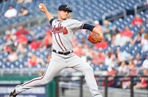 Jun 14, 2017; Washington, DC, USA; Atlanta Braves relief pitcher Jason Hursh (56) throws to the Washington Nationals during the ninth inning at Nationals Park. Mandatory Credit: Brad Mills-USA TODAY Sports