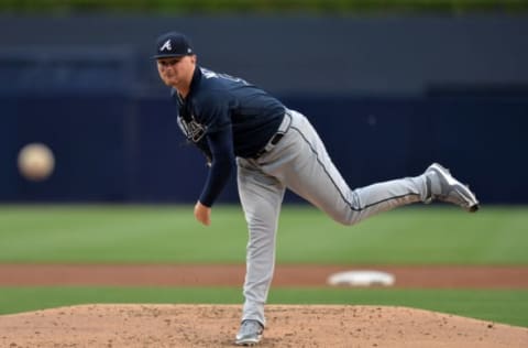 Jun 27, 2017; San Diego, CA, USA; Atlanta Braves starting pitcher Sean Newcomb (51) pitches during the first inning against the San Diego Padres at Petco Park. Mandatory Credit: Jake Roth-USA TODAY Sports