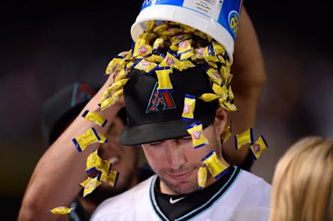 Diamondbacks first baseman Paul Goldschmidt (44) during a post game interview after facing the New York Yankees at Chase Field. The Diamondbacks won 5-3. Credit: Joe Camporeale-USA TODAY Sports