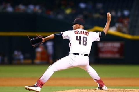 Aug 15, 2016; Phoenix, AZ, USA; Arizona Diamondbacks pitcher Randall Delgado against the New York Mets at Chase Field. Mandatory Credit: Mark J. Rebilas-USA TODAY Sports