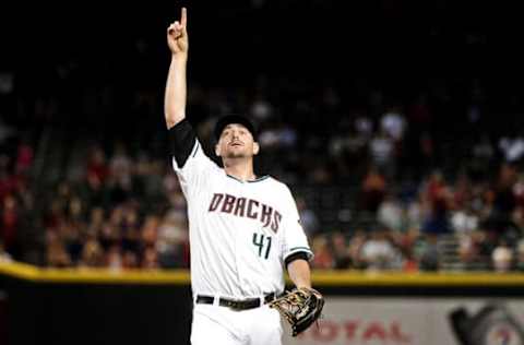 Sep 30, 2016; Phoenix, AZ, USA; Arizona Diamondbacks relief pitcher Daniel Hudson (41) points during the ninth inning against the San Diego Padres at Chase Field. Mandatory Credit: Matt Kartozian-USA TODAY Sports