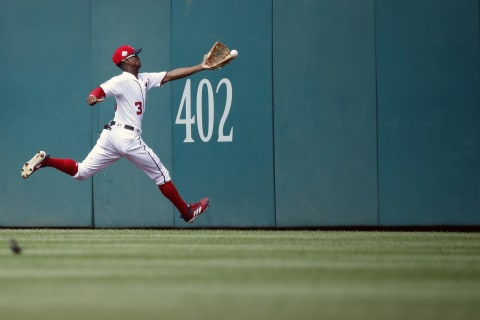 WASHINGTON, DC – AUGUST 09: Michael Taylor #3 of the Washington Nationals is unable to catch a double hit by Freddie Freeman #5 of the Atlanta Braves (not pictured) in the eighth inning at Nationals Park on August 9, 2018 in Washington, DC. (Photo by Patrick McDermott/Getty Images)