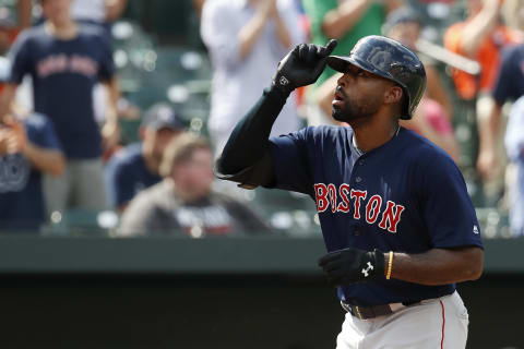 BALTIMORE, MD – AUGUST 11: Jackie Bradley Jr. #19 of the Boston Red Sox celebrates after hitting a solo home run in the ninth inning against the Baltimore Orioles during game one of a doubleheader at Oriole Park at Camden Yards on August 11, 2018 in Baltimore, Maryland. (Photo by Patrick McDermott/Getty Images)