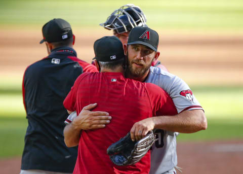 ATLANTA, GA – APRIL 25: Madison Bumgarner #40 of the Arizona Diamondbacks reacts after a doubleheader against the Atlanta Braves at Truist Park on April 25, 2021, in Atlanta, Georgia. (Photo by Todd Kirkland/Getty Images)