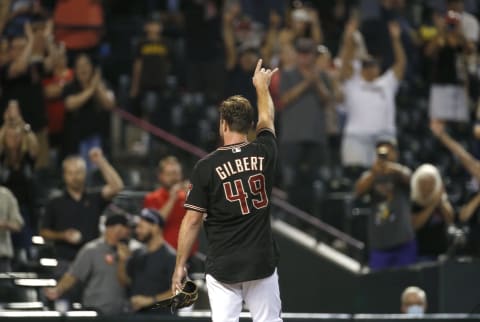 PHOENIX, ARIZONA – AUGUST 14: Starting pitcher Tyler Gilbert #49 of the Arizona Diamondbacks acknowledges the fans following his no hitter against the San Diego Padres during the MLB game at Chase Field on August 14, 2021 in Phoenix, Arizona. The Diamondbacks defeated the Padres 7-0. (Photo by Ralph Freso/Getty Images)