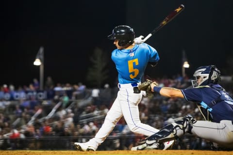 AMARILLO, TEXAS – AUGUST 13: Outfielder Alek Thomas #5 of the Amarillo Sod Poodles hits the ball during the game against the Corpus Christi Hooks at HODGETOWN Stadium on August 13, 2021, in Amarillo, Texas. (Photo by John E. Moore III/Getty Images)