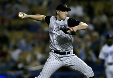 LOS ANGELES – September 17: Pitcher Brandon Webb #55 of the Arizona Diamondbacks delivers a pitch against the Los Angeles Dodgers on September 17, 2003, at Dodger Stadium in Los Angeles, California. (Photo by Stephen Dunn/Getty Images)