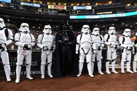 PHOENIX, AZ – JUNE 24: Darth Vader, center, stands behind home plate with some Storm-troopers prior to a game between the Arizona Diamondbacks and the Philadelphia Phillies at Chase Field on June 24, 2017 in Phoenix, Arizona. The Diamondbacks held Star Wars Night at the ballpark. (Photo by Norm Hall/Getty Images)