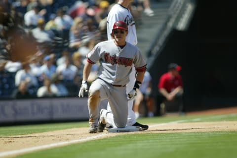 SAN DIEGO – AUGUST 27: Miguel Montero of the Arizona Diamondbacks slides into third base during the game against the San Diego Padres at Petco Park in San Diego, California on August 27, 2008. The Padres defeated the Diamondbacks 5-4. (Photo by Rob Leiter/MLB Photos via Getty Images)