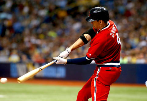 ST. PETERSBURG, FL – AUGUST 12: Zimmer #4 of the Cleveland Indians strikes out signing to end the top of the fifth inning of a game against the Tampa Bay Rays on August 12, 2017 at Tropicana Field in St. Petersburg, Florida. (Photo by Brian Blanco/Getty Images)