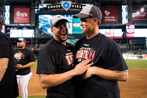 PHOENIX, AZ – SEPTEMBER 24: David Peralta #6 and Zack Greinke #21 of the Arizona Diamondbacks celebrate after defeating the Miami Marlins at Chase Field on September 24, 2017 in Phoenix, Arizona. The D-backs also clinched a Wild Card spot in the playoffs. (Photo by Sarah Sachs/Arizona Diamondbacks/Getty Images)