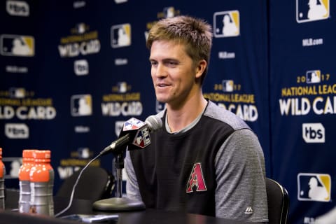 PHOENIX, AZ – OCTOBER 3: Zack Greinke #21 of the Arizona Diamondbacks addresses the media prior to a postseason workouts at Chase Field on October 3, 2017 in Phoenix, Arizona. (Photo by Sarah Sachs/Arizona Diamondbacks/Getty Images)