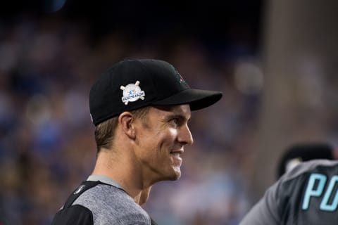 LOS ANGELES, CA – OCTOBER 6: Zack Greinke #21 of the Arizona Diamondbacks has a laugh during game one of the National League Division Series against the Los Angeles Dodgers at Dodger Stadium on October 6, 2017 in Los Angeles, California. (Photo by Sarah Sachs/Arizona Diamondbacks/Getty Images)