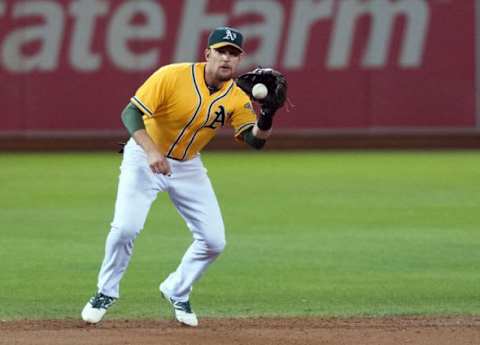 Sep 16, 2014; Oakland, CA, USA; Oakland Athletics shortstop Jed Lowrie (8) fields a ground ball against the Texas Rangers during the second inning at O.co Coliseum. Mandatory Credit: Ed Szczepanski-USA TODAY Sports