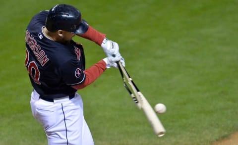 Sep 30, 2015; Cleveland, OH, USA; Cleveland Indians third baseman Chris Johnson (30) breaks his bat while grounding out in the third inning against the Minnesota Twins at Progressive Field. Mandatory Credit: David Richard-USA TODAY Sports