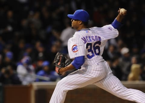 Apr 29, 2015; Chicago, IL, USA; Chicago Cubs pitcher Edwin Jackson (36) against the Pittsburgh Pirates at Wrigley Field. Mandatory Credit: Matt Marton-USA TODAY Sports