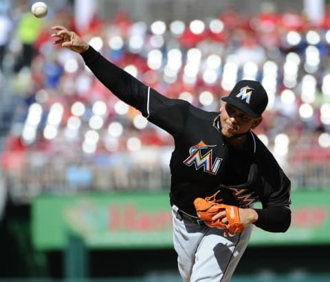 Sep 28, 2014; Washington, DC, USA; Miami Marlins starting pitcher Henderson Alvarez (37) throws during the second inning inning against the Washington Nationals at Nationals Park. Mandatory Credit: Brad Mills-USA TODAY Sports