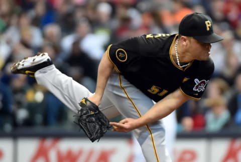 May 15, 2014; Milwaukee, WI, USA; Pittsburgh Pirates pitcher Wandy Rodriguez (51) pitches in the first inning against the Milwaukee Brewers at Miller Park. Mandatory Credit: Benny Sieu-USA TODAY Sports