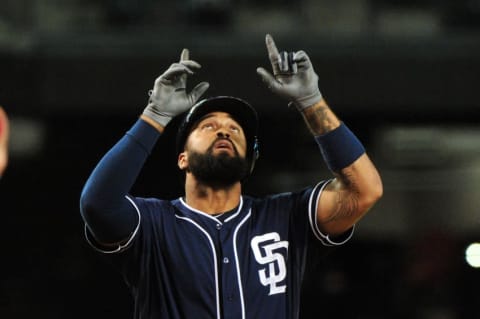 Sep 16, 2015; Phoenix, AZ, USA; San Diego Padres right fielder Matt Kemp (27) celebrates after hitting a 3 run home run in the fifth inning against the Arizona Diamondbacks at Chase Field. Mandatory Credit: Matt Kartozian-USA TODAY Sports