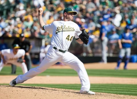 Apr 17, 2016; Oakland, CA, USA; Oakland Athletics relief pitcher Ryan Madson (44) pitches against the Kansas City Royals during the ninth inning at the Oakland Coliseum. The Athletics won 3-2. Mandatory Credit: Kelley L Cox-USA TODAY Sports