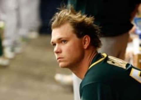 May 15, 2016; St. Petersburg, FL, USA; Oakland Athletics starting pitcher Sonny Gray (54) looks on from the dugout against the Tampa Bay Rays at Tropicana Field. Mandatory Credit: Kim Klement-USA TODAY Sports