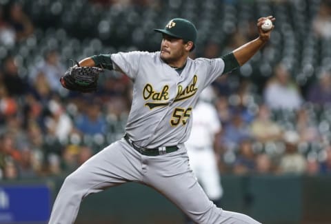 Aug 29, 2016; Houston, TX, USA; Oakland Athletics starting pitcher Sean Manaea (55) delivers a pitch against the Astros during the second inning at Minute Maid Park. Mandatory Credit: Troy Taormina-USA TODAY Sports